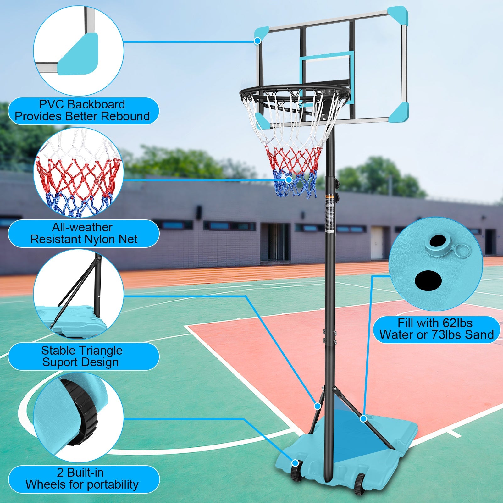 Portable Basketball Goal System Height Adjustable Wheels Stable Base