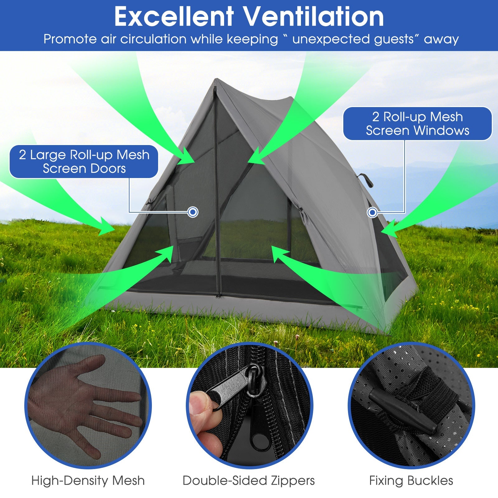 Pop-Up Camping Tent 2-3 Person Rainfly Backpacking Hiking Gray