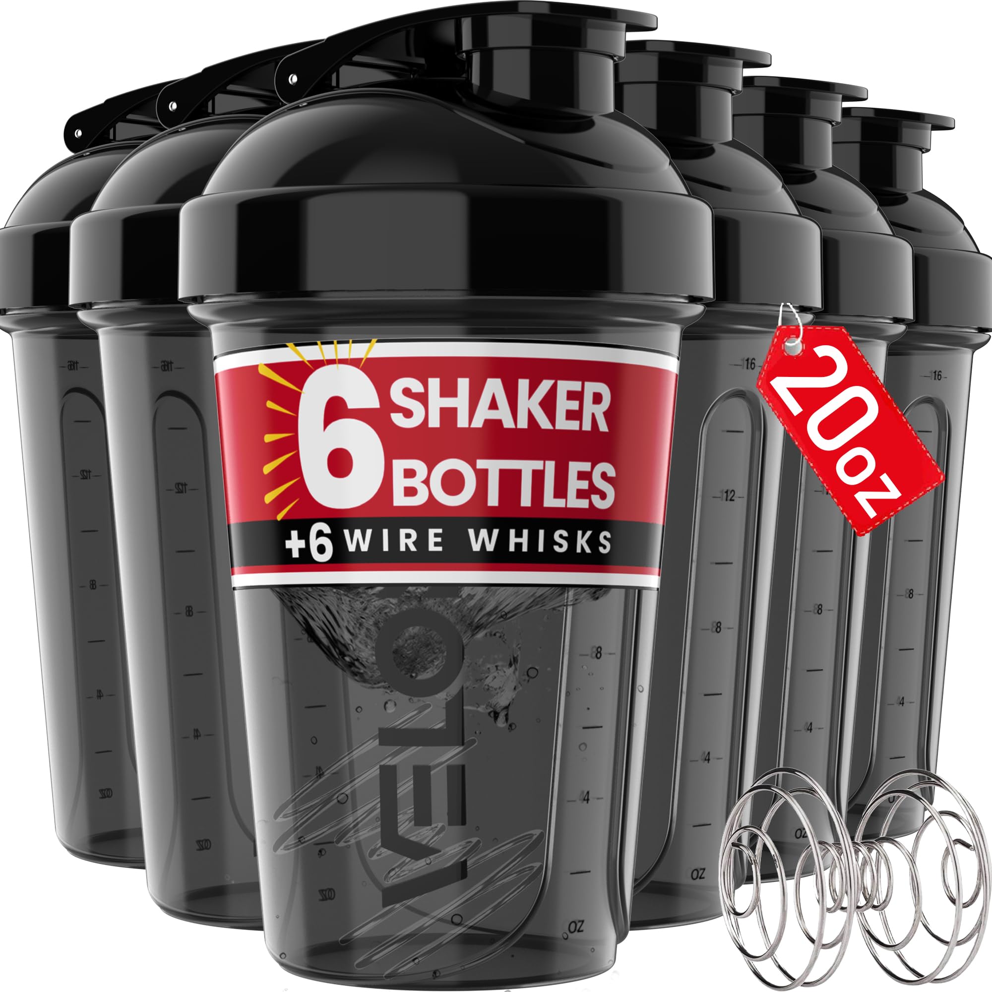 Pack 20oz Protein Shaker Bottles Black Gym Set