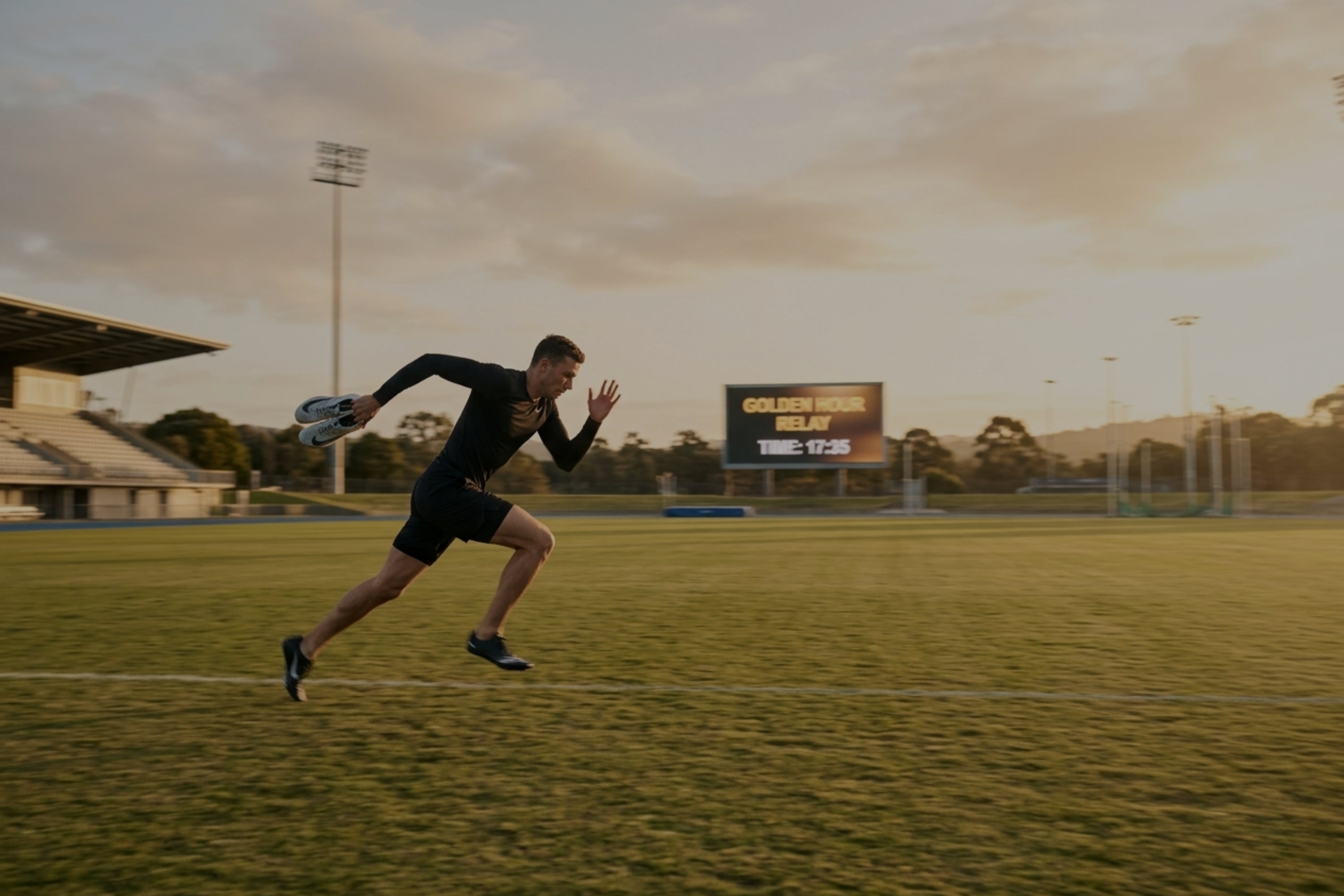 Person running on a sports field with stadium lights and scoreboard in the background