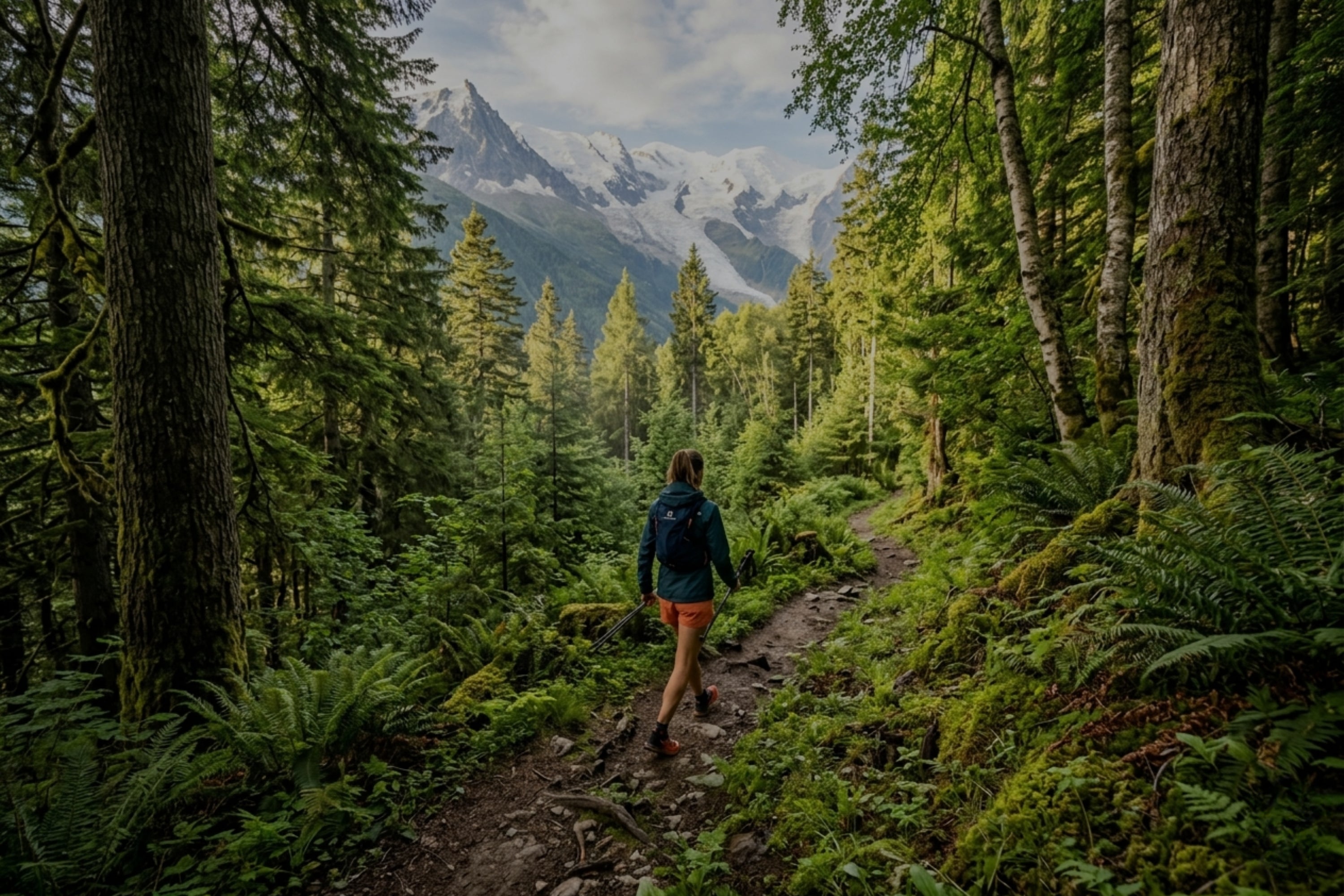 Person hiking through a forest with mountains in the background